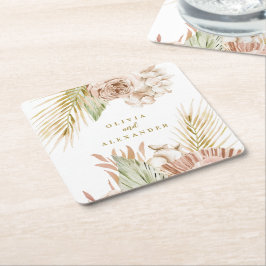 Porta-copo De Papel Quadrado Casamento Floral Tropical Boho e Palmeira