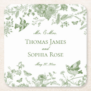 Porta-copo De Papel Quadrado Casamento Floral Verde Toile De Jouy Vintage