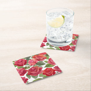 Porta-copo De Papel Quadrado Casamento Formal Floral Rosa Vermelha