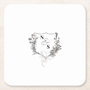 Porta-copo De Papel Quadrado Casamento Formal Preto/Pasta Floral Branca Monogra