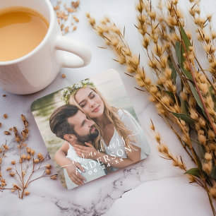 Porta-copo De Papel Quadrado Casamento Foto Mr e Mrs Branco Elegante