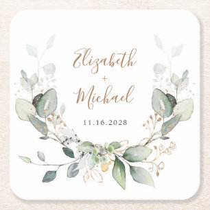 Porta-copo De Papel Quadrado Casamento Greenery Watercolor