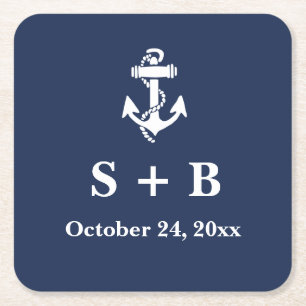 Porta-copo De Papel Quadrado Casamento marinho Azul Anchor Náutico Praia Oceâni