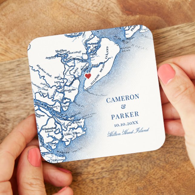 Porta-copo De Papel Quadrado Casamento Marinho Azul da Ilha Elegante Hilton Hea (Hilton Head SC Map Drink Coaster for an elegant navy blue wedding from Coastal Map Designs)