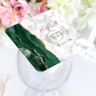 Porta-copo De Papel Quadrado Casamento Mármore Verde Esmeralda Script Ágata