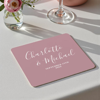 Porta-copo De Papel Quadrado Casamento Minimalista com Letra Dusty Rose