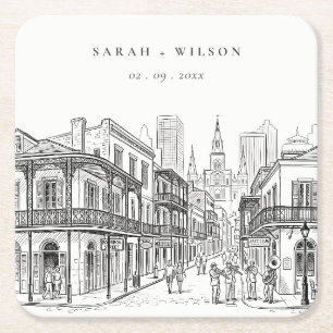 Porta-copo De Papel Quadrado Casamento Minimalista Esboço New Orleans Louisiana