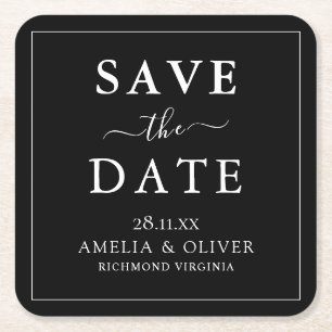 Porta-copo De Papel Quadrado Casamento Minimalista Preto Atemporal Salve A Data