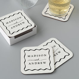Porta-copo De Papel Quadrado Casamento Moderno com Moldura Ondulada Creme e Pre