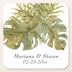 Porta-copo De Papel Quadrado Casamento Moderno de Folhas Tropicais Palmeira Sec