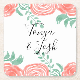 Porta-copo De Papel Quadrado Casamento Moderno de Peônia Coral em Aquarela