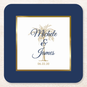 Porta-copo De Papel Quadrado Casamento Moderno Elegante Azul Naval e Palma Dour