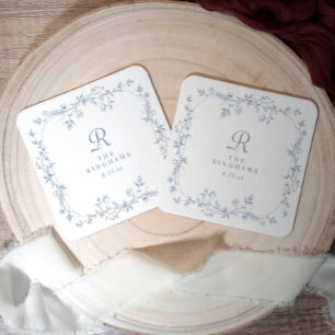Porta-copo De Papel Quadrado Casamento Monograma Floral Francês Azul Vintage