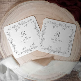 Porta-copo De Papel Quadrado Casamento Monograma Vitoriano Floral Cinza Francês