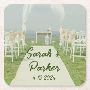 Porta-copo De Papel Quadrado Casamento na Praia Ilha ao Sol Wedding Coaster