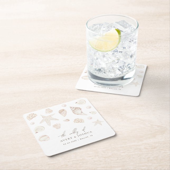 Porta-copo De Papel Quadrado Casamento Náutico de Praia das Pérolas de Aquarela (Insitu)