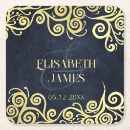 Porta-copo De Papel Quadrado Casamento no inverno De Luxo Azul E Dourado Florei