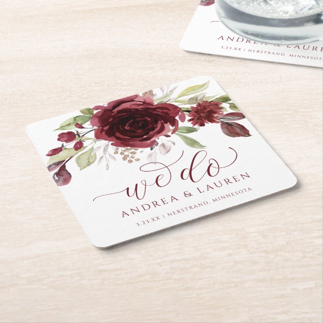 Porta-copo De Papel Quadrado Casamento outono Borgonha Vinho Vermelho Folhagem (Inclinado)
