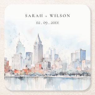 Porta-copo De Papel Quadrado Casamento Paisagem Aquarela Detroit Michigan