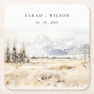 Porta-copo De Papel Quadrado Casamento Paisagem Aquarela Jackson Hole Wyoming