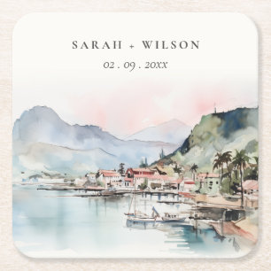 Porta-copo De Papel Quadrado Casamento Paisagem Aquarela Kauai Hawaii