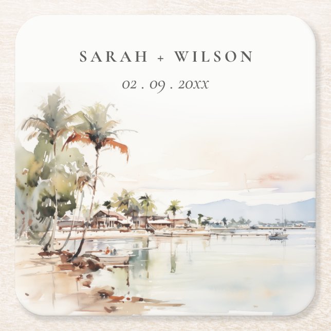 Porta-copo De Papel Quadrado Casamento Paisagem Aquarela Montego Bay Jamaica (Frente)