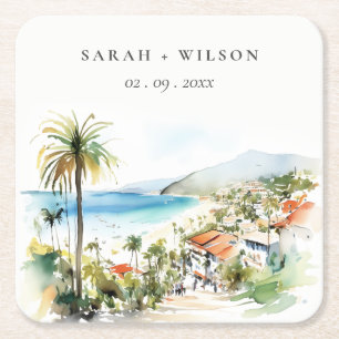 Porta-copo De Papel Quadrado Casamento paisagem aquarela Puerto Vallarta México
