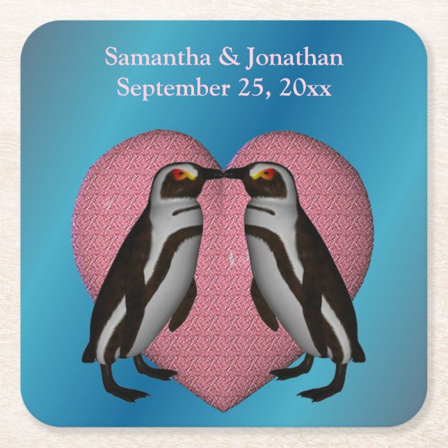 Porta-copo De Papel Quadrado Casamento Personalizado Bonito Pinguins de Beijo (Frente)