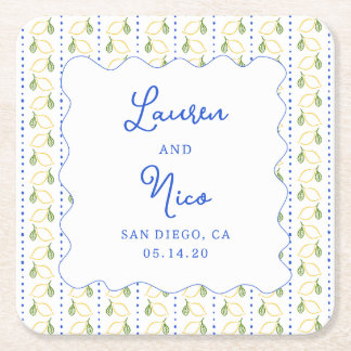 Porta-copo De Papel Quadrado Casamento Personalizado De Amalfi Azul E Amarelo D