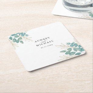 Porta-copo De Papel Quadrado Casamento Personalizado de Folha Dourada Verde Ele