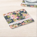 Porta-copo De Papel Quadrado Casamento Personalizado Floral de Watercolor com M<br><div class="desc">Esta porta copos inspirada na floral traz um toque de elegância a qualquer decoração caseira. Apresentando um rico conjunto de flores delicadas em tons de rosa, pincel e verde sobre um fundo escuro, ele é personalizado com nomes, fazer ideal para casamentos, aniversários ou presentes no lar. A design floral boêmica...</div>