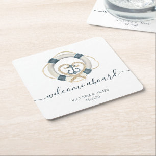 Porta-copo De Papel Quadrado Casamento Personalizado Náutico Azul Marinho e Bra