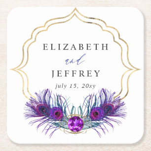 Porta-copo De Papel Quadrado Casamento Pluma de Pavão Azul Roxo Dourado Brilhan