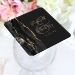 Porta-copo De Papel Quadrado Casamento Preto-Escuro Dourado Preto com Script Ge<br><div class="desc">Esta elegante porta copos de casamento moderna apresenta uma coloração d'água preta,  um design geode,  aparado com uma falso brilho dourado. Personalize facilmente o texto dourado sobre fundo preto,  com os nomes da noiva e do noivo em caligrafia manual sobre uma grande e grande cinza.</div>