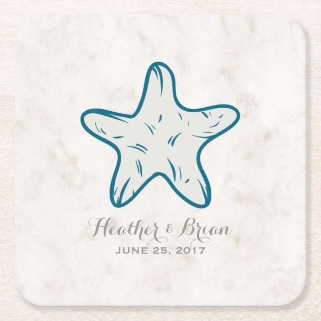 Porta-copo De Papel Quadrado Casamento Real Blue Rustic Starfish (Frente)