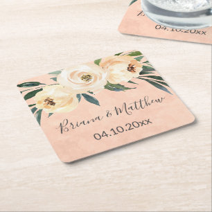 Porta-copo De Papel Quadrado Casamento Rosa Bege Floral