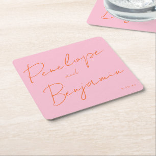 Porta-copo De Papel Quadrado Casamento Rosa e Laranja de Letra Manual Moderna