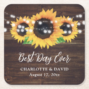 Porta-copo De Papel Quadrado Casamento Rustic Country Wood Sunflower