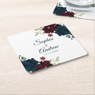 Porta-copo De Papel Quadrado Casamento Rústico de Madeira Burgundy & Navy Elega