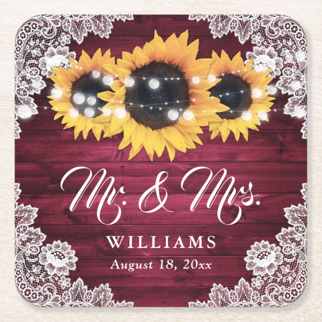 Porta-copo De Papel Quadrado Casamento Rústico de Madeira Rústica de Girassol (Frente)