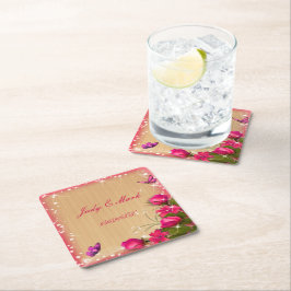 Porta-copo De Papel Quadrado Casamento Rústico em Madeira com Floral Rosa e Bor