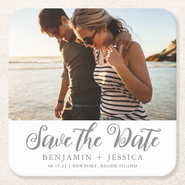 Porta-copo De Papel Quadrado Casamento Simples de Foto Salve a Data (Frente)