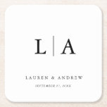 Porta-copo De Papel Quadrado Casamento Simples de Monograma Branco e Preto Eleg<br><div class="desc">Portas copos de casamento lindas,  elegantes e simples,  negras e minimalistas. Totalmente personalizável com monograma/iniciais,  nomes,  data e cores para corresponder ao seu tema de casamento.</div>