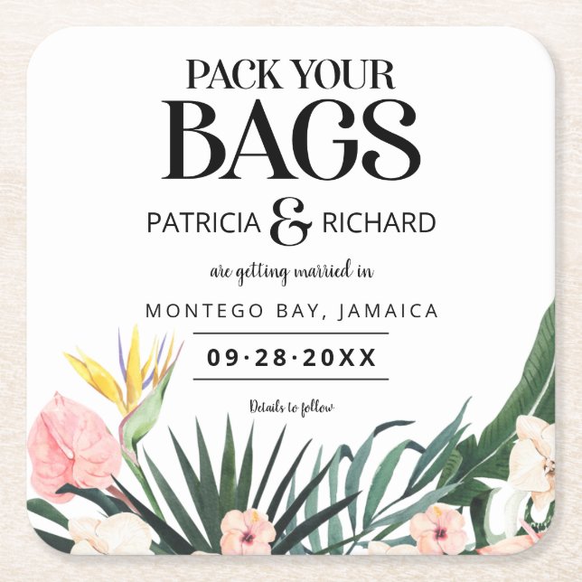 Porta-copo De Papel Quadrado Casamento Tropical De Destino Salvar A Data (Frente)