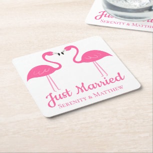 Porta-copo De Papel Quadrado Casamento Tropical na Praia Flamingos Rosa Casados