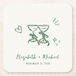 Porta-copo De Papel Quadrado Casamento Verde Creme Desenhado à Mão Caprichoso