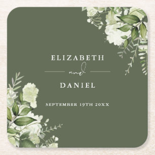 Porta-copo De Papel Quadrado Casamento Verde Oliva Elegante com Verdura Floral