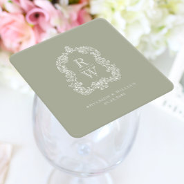 Porta-copo De Papel Quadrado Casamento Vintage Monograma Crista Nomes Verde Sál