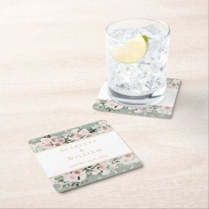 Porta-copo De Papel Quadrado Casamento vintage Verde de Sage Dourada Floral Dus