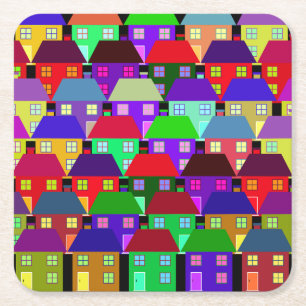 PORTA-COPO DE PAPEL QUADRADO CASAS COLORIDAS COMUNIDADE DOMÉSTICA